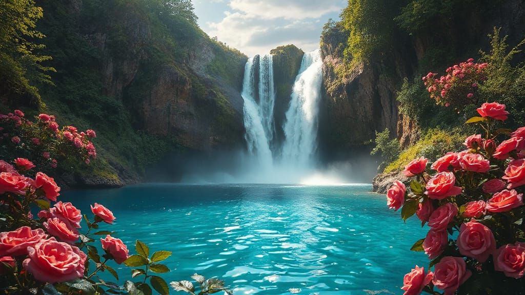 Hidden Waterfall Lagoon with Vibrant Roses