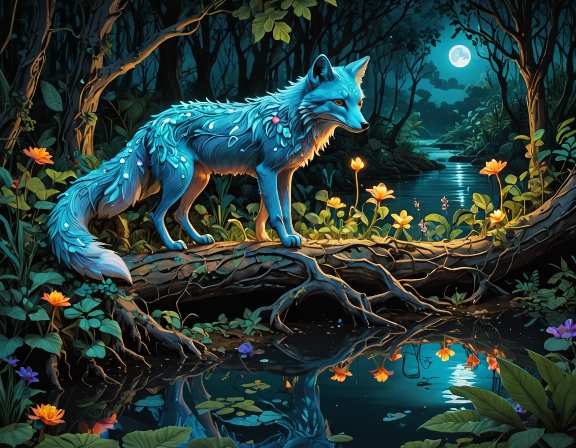 Bioluminescent Fox in Jungle, Anime 3D Art