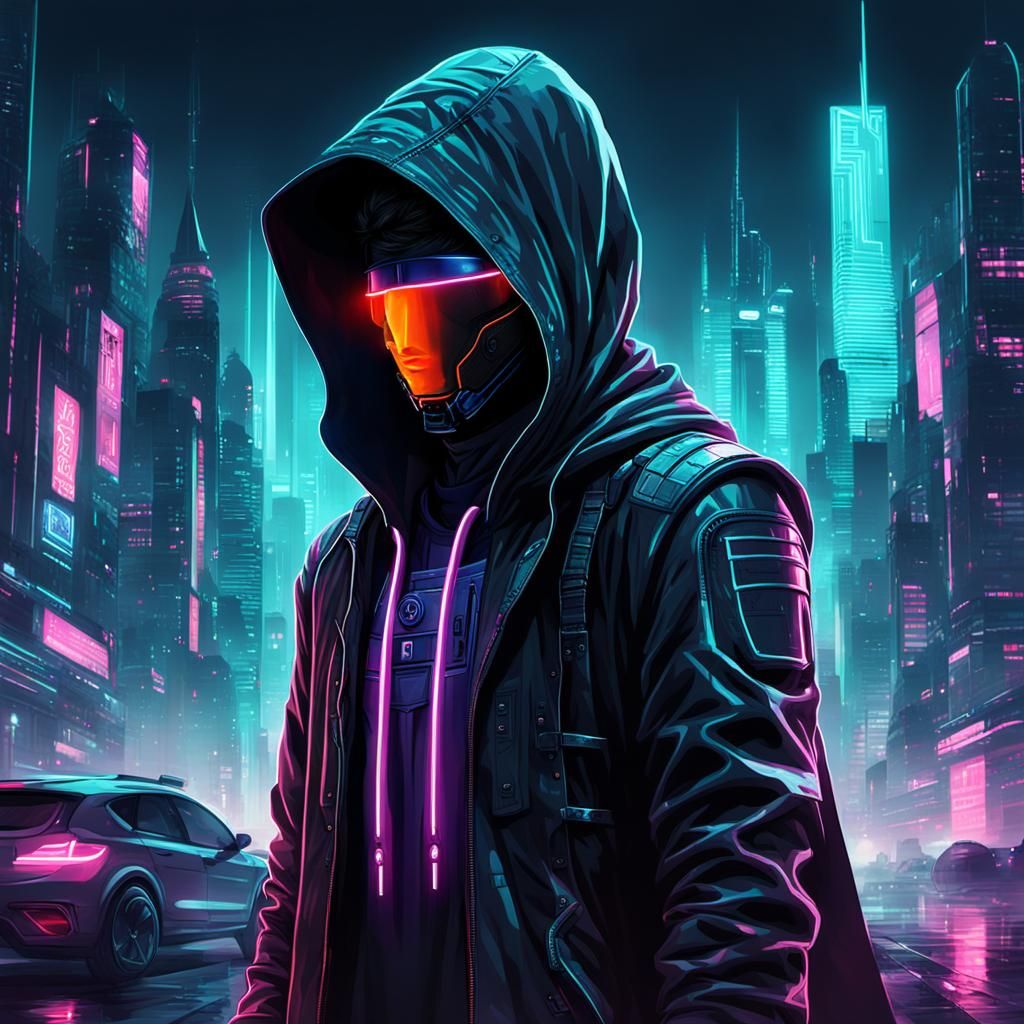Hooded figure in a futuristic city