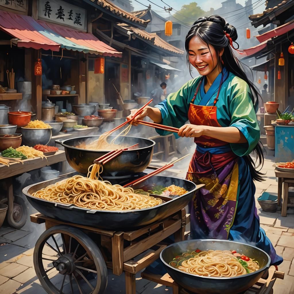 Chinese Noodle Lady Dancing, Fantasy Oil Painting