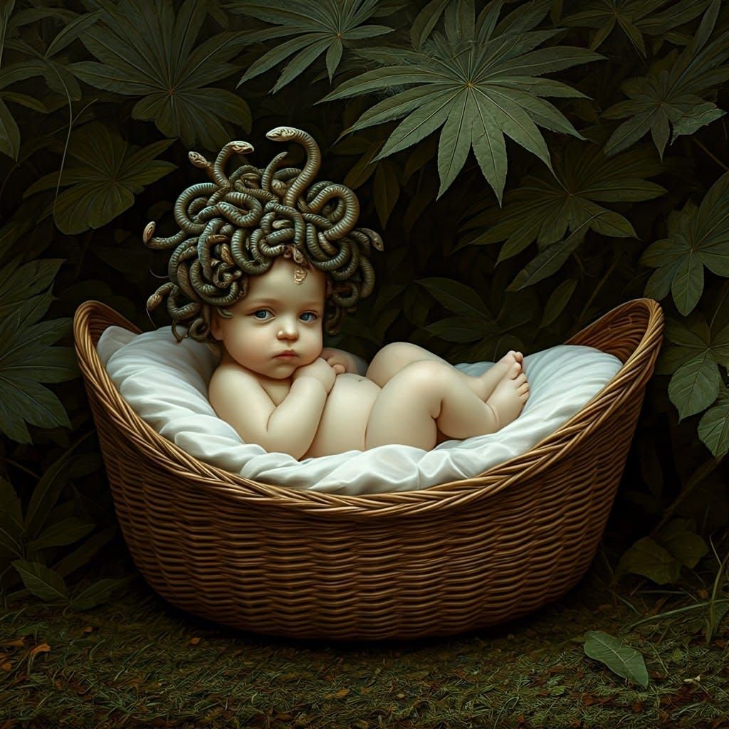 Baby Medusa in Wicker Basket: Mythological Art