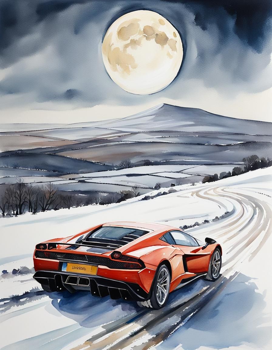 Supercar on Snowy Yorkshire Track: Watercolor Painting
