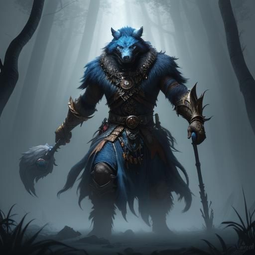 Ethereal Witchdoctor Surrounded by Luminous Werewolves in an...