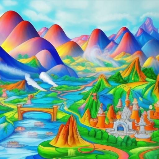 Fantastical World Emerging from Teapot in Gouache Style