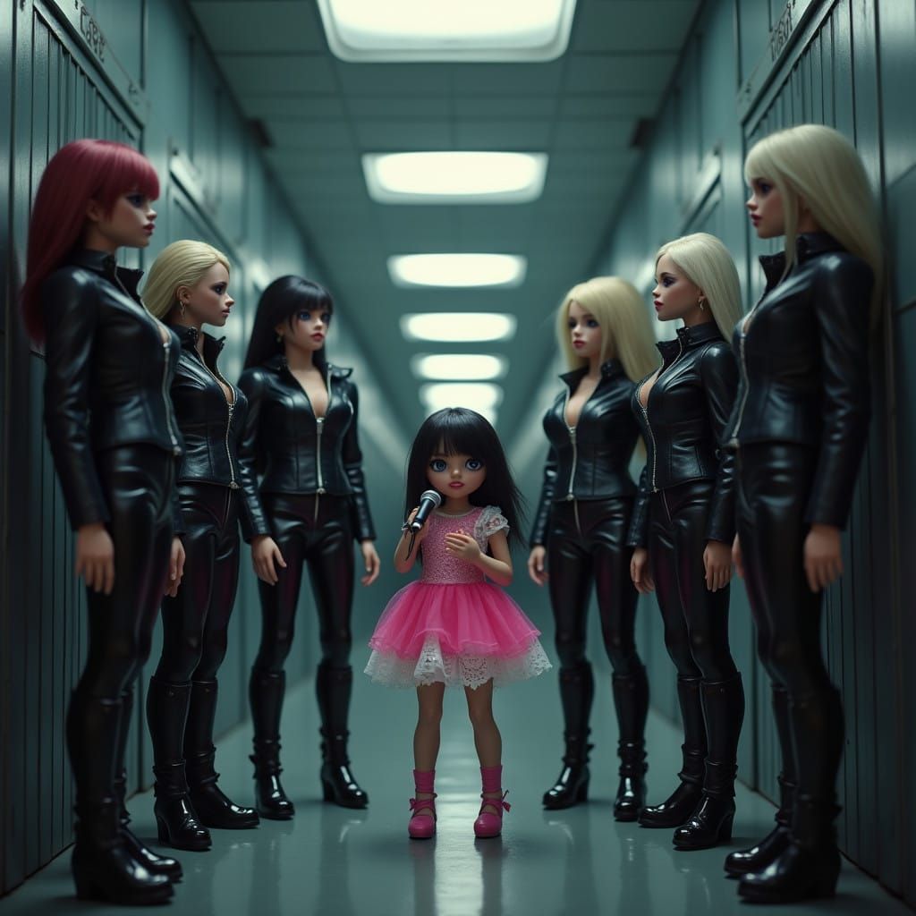 Stern Female Dolls Laughing in Black Leather, Surrounding a....