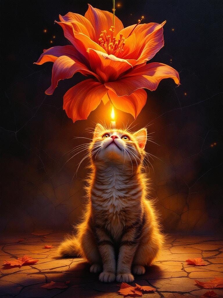 Cat Under Flower with Magical Realism Aesthetic