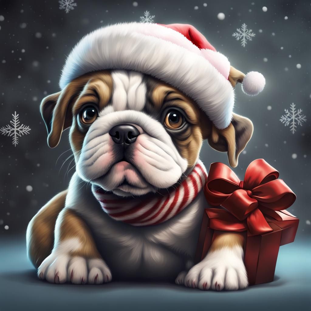 Festive Bulldog Puppy in Detailed Digital Painting