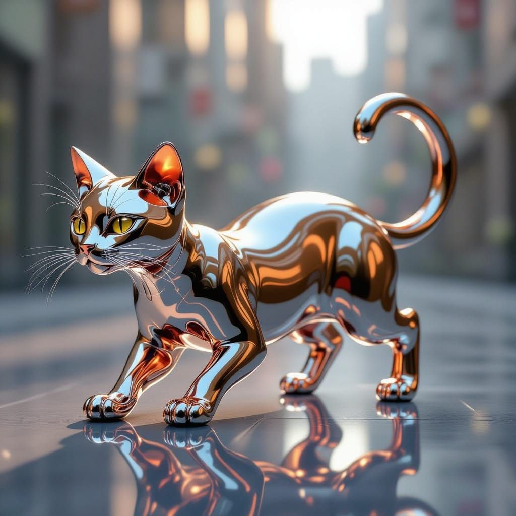 Futuristic Liquid Metal Cat Sculpture
