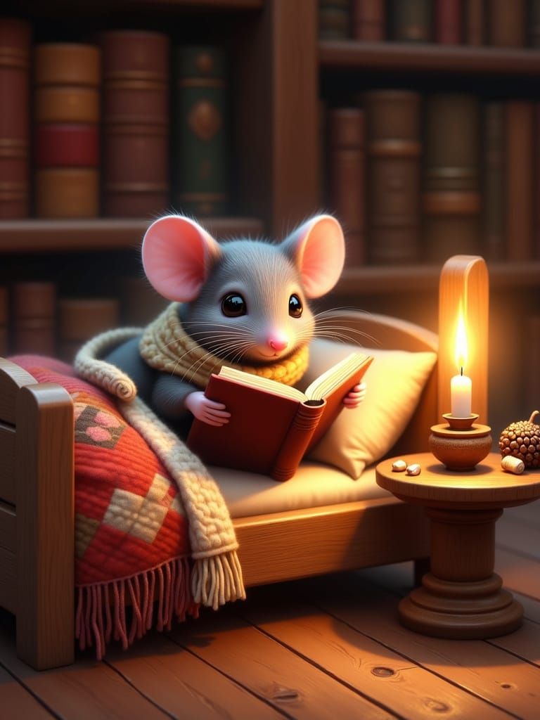 A whimsical hyper-detailed digital painting of a tiny gray mouse with pink ears, pink nose, large glossy black eyes, and...