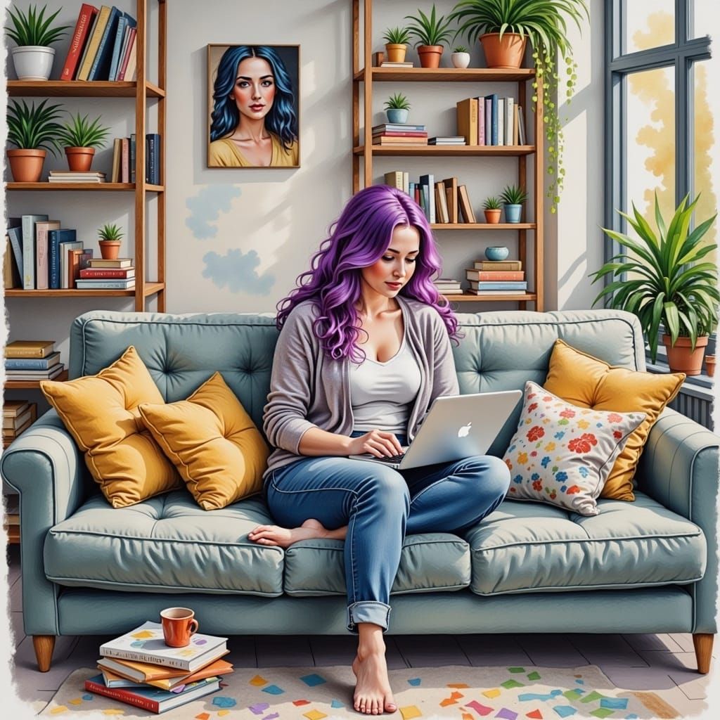 Colourful Illustration of Woman on Laptop