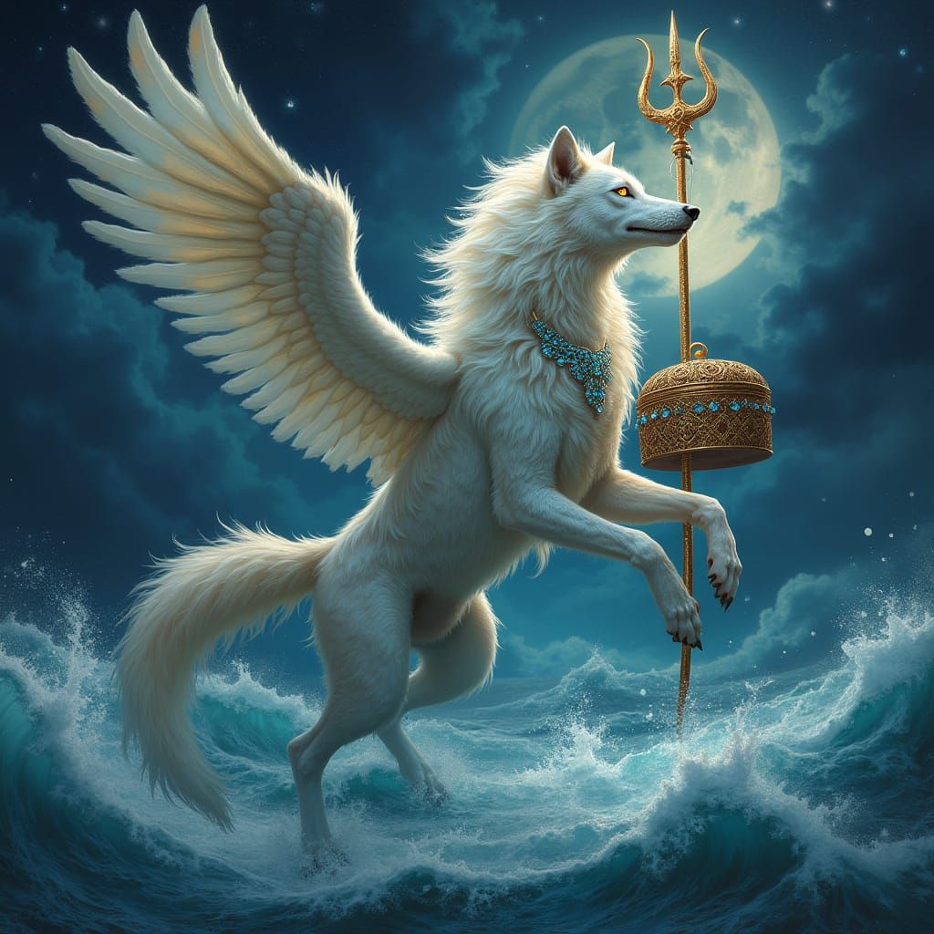 Mythical Sea Wolf Ascends with Iridescent Fur and Shimmering...