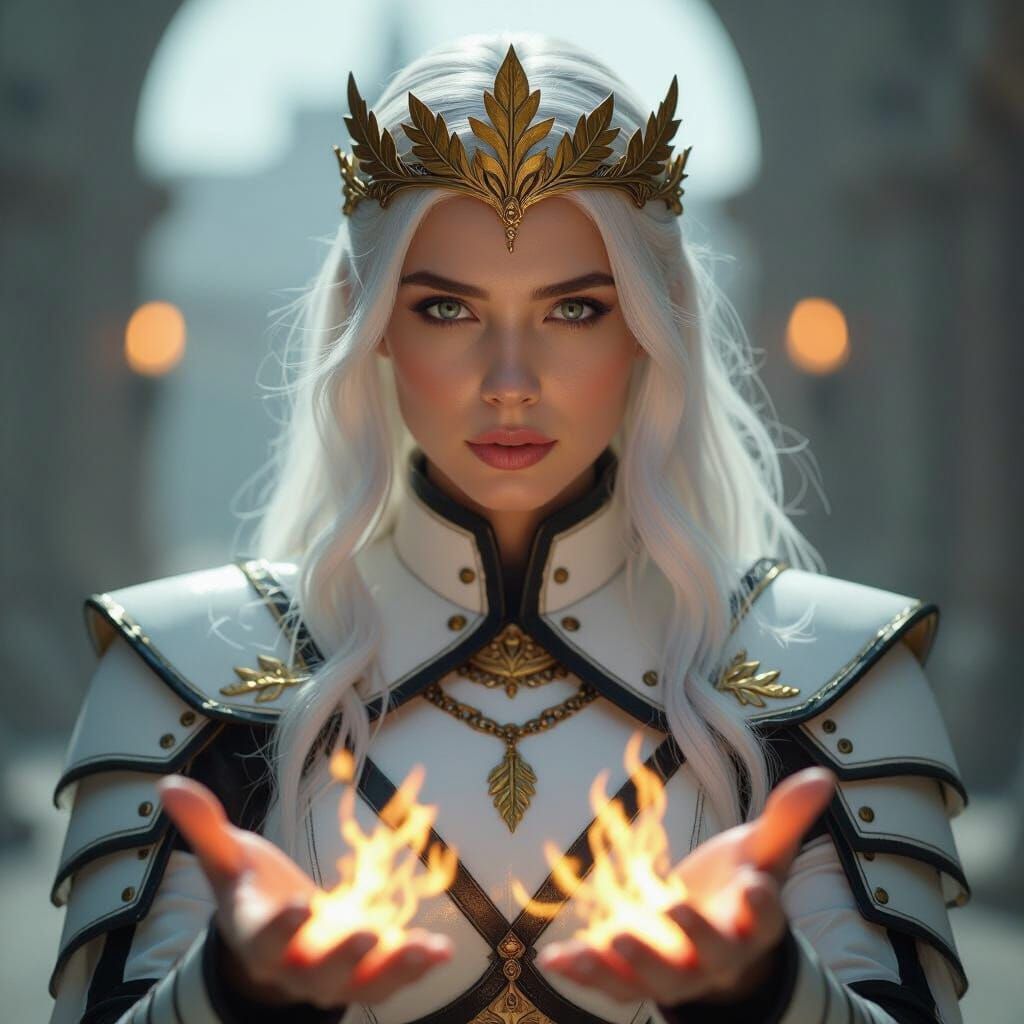 Mystic Woman in White Armor with Golden Oak Symbols