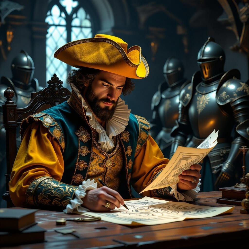 Renaissance Scholar Studies Mystical Artifact in Dim Armory