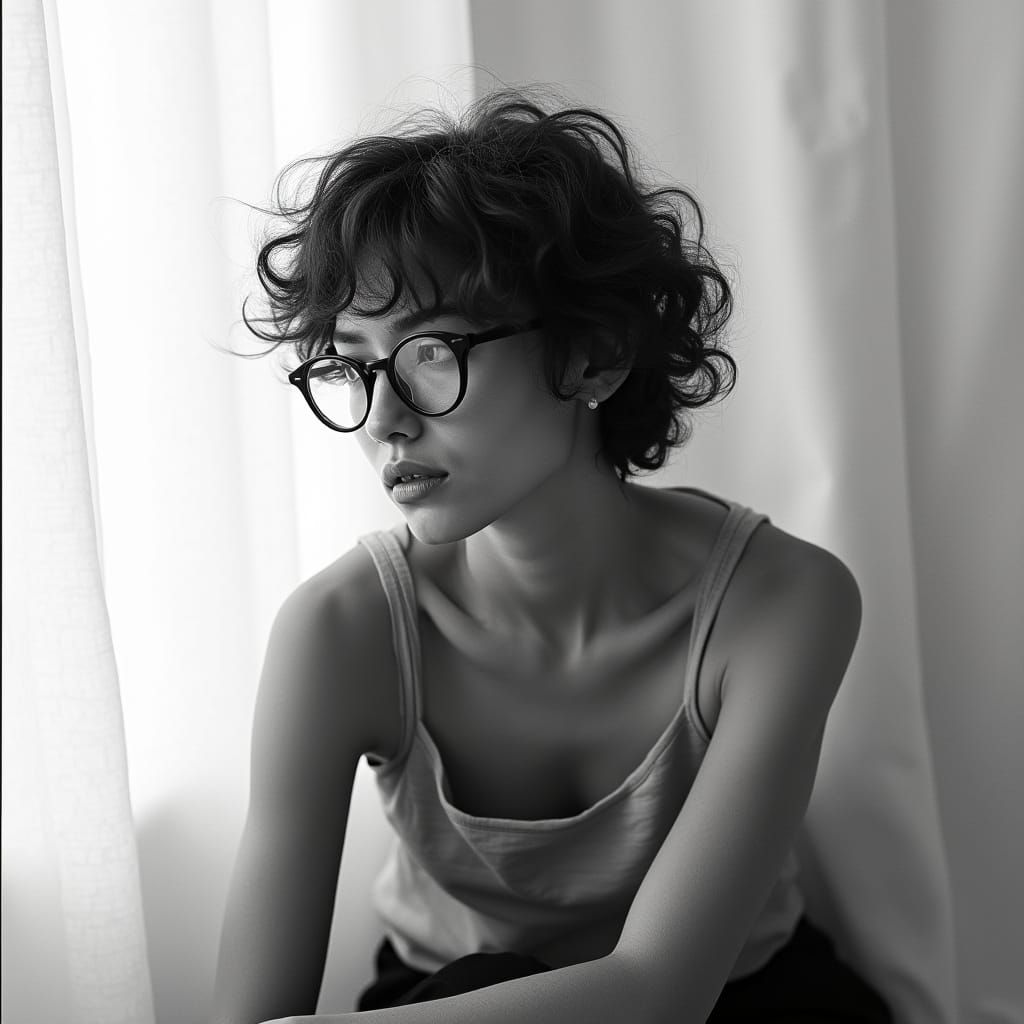 Woman in Contemplation, Hyper-Realistic Black and White