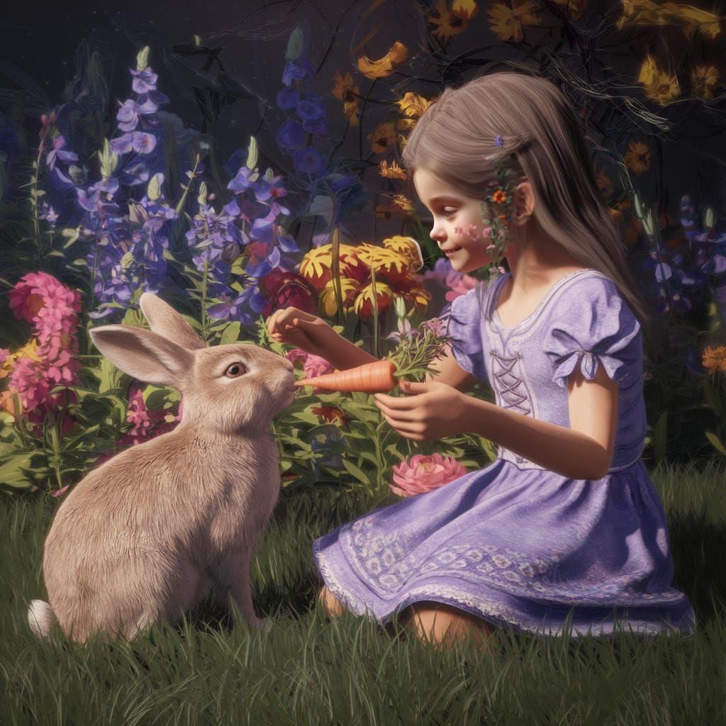 Girl Feeds Rabbit in Enchanted Garden