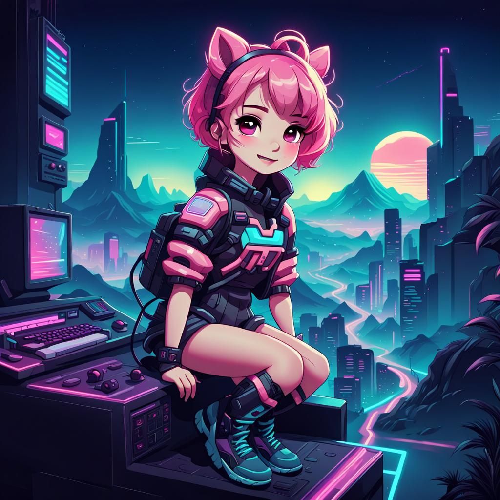 Chibi Character with Synthwave Neon Retro Style