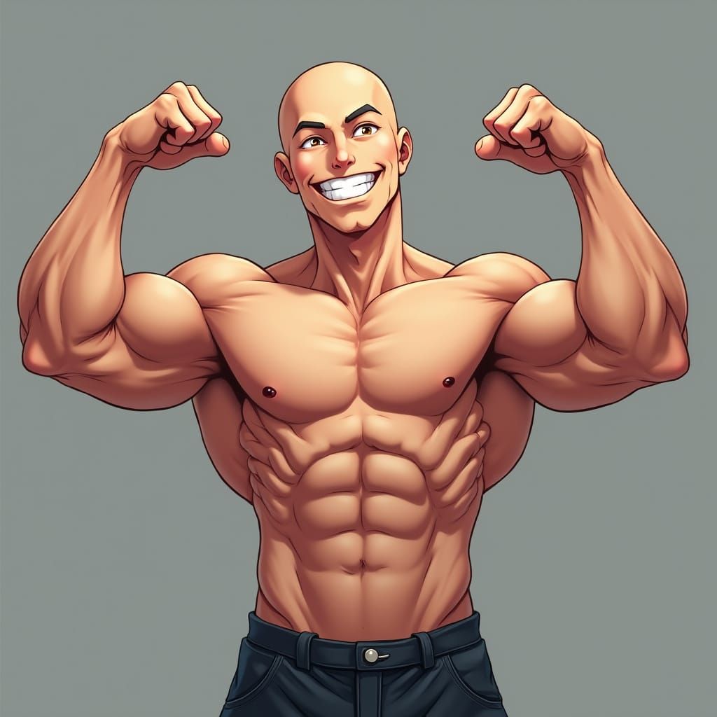 Muscular Anime Man Flexes Double Biceps in Realistic 3D Styl...