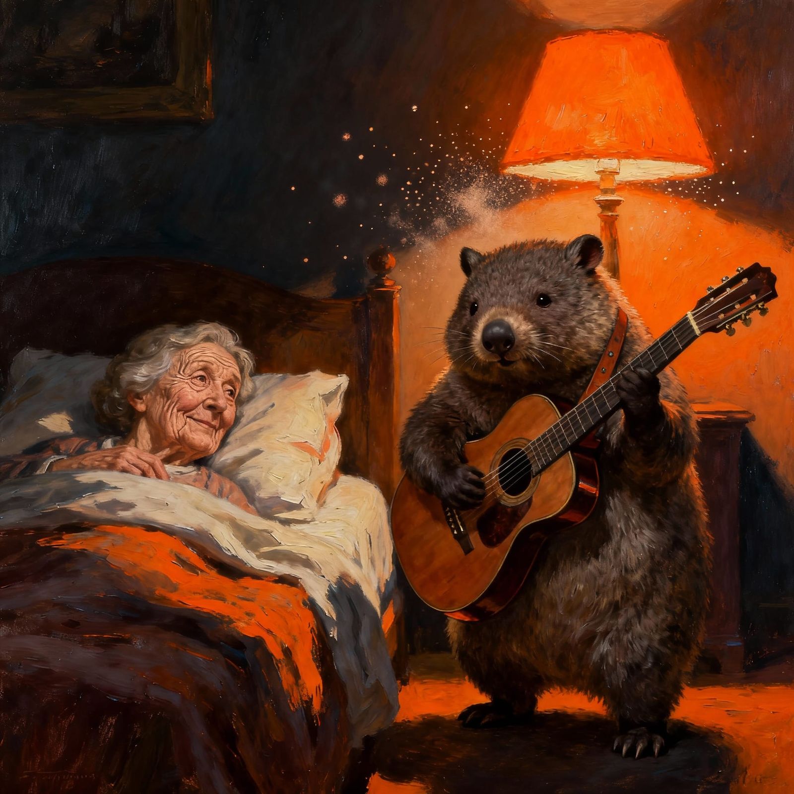 Elderly Woman Wakes to Wombat Playing Guitar