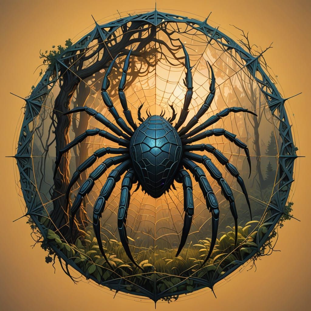 Glowing Spider Crawls Fractal Web in Dark Mystical Woods