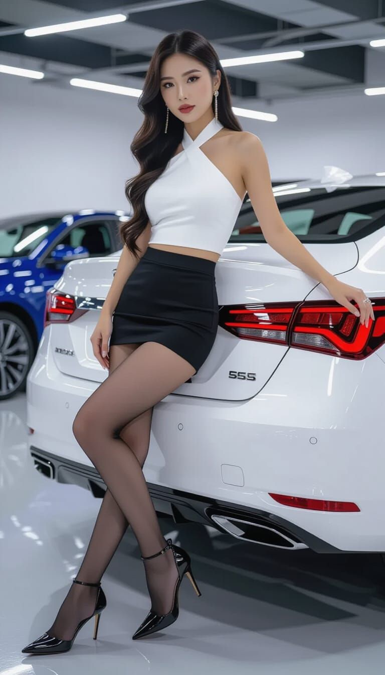 Glamorous Woman Poses in Futuristic Car Garage
