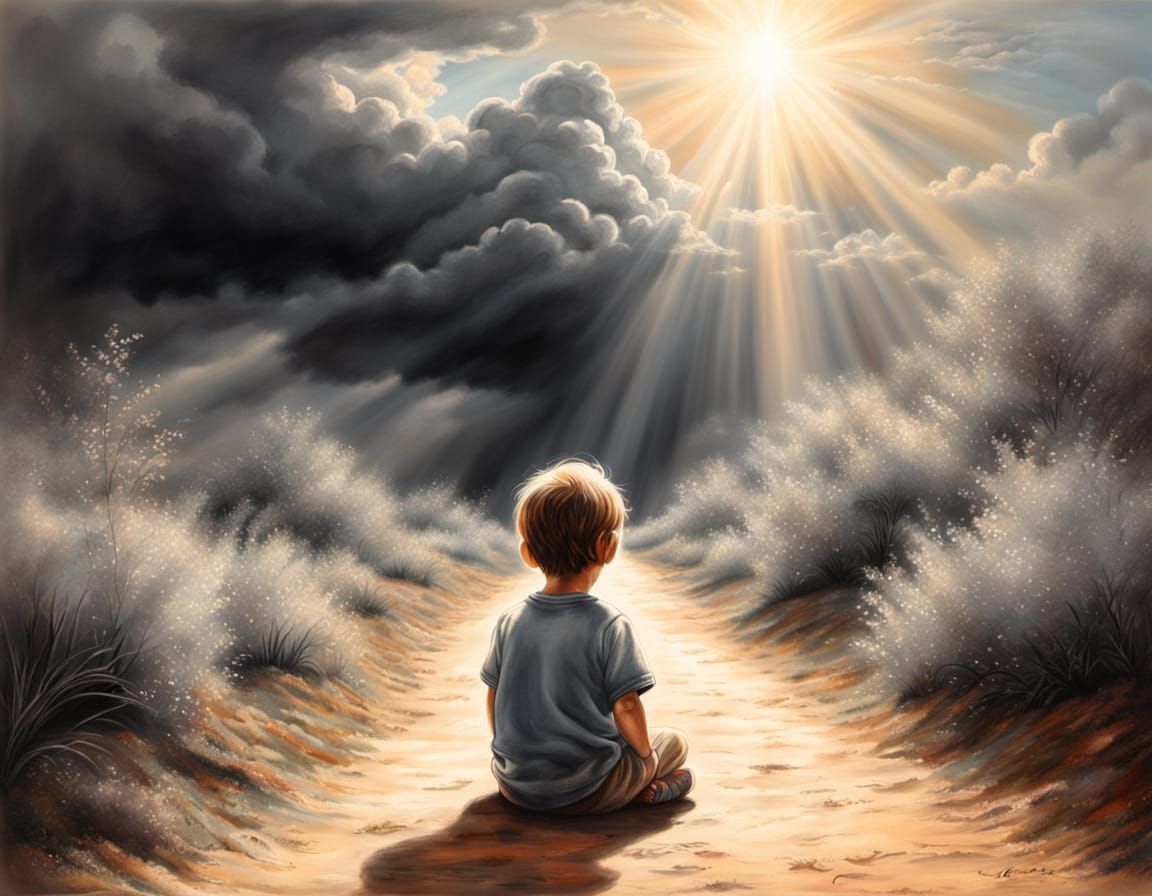 Child Sitting in Gentle Sunshine, Charcoal Drawing