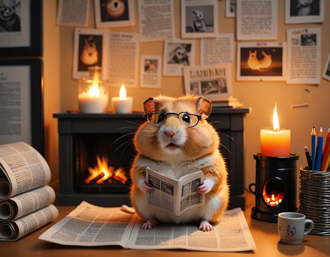 Whimsical Hamster Reader in Cozy Study