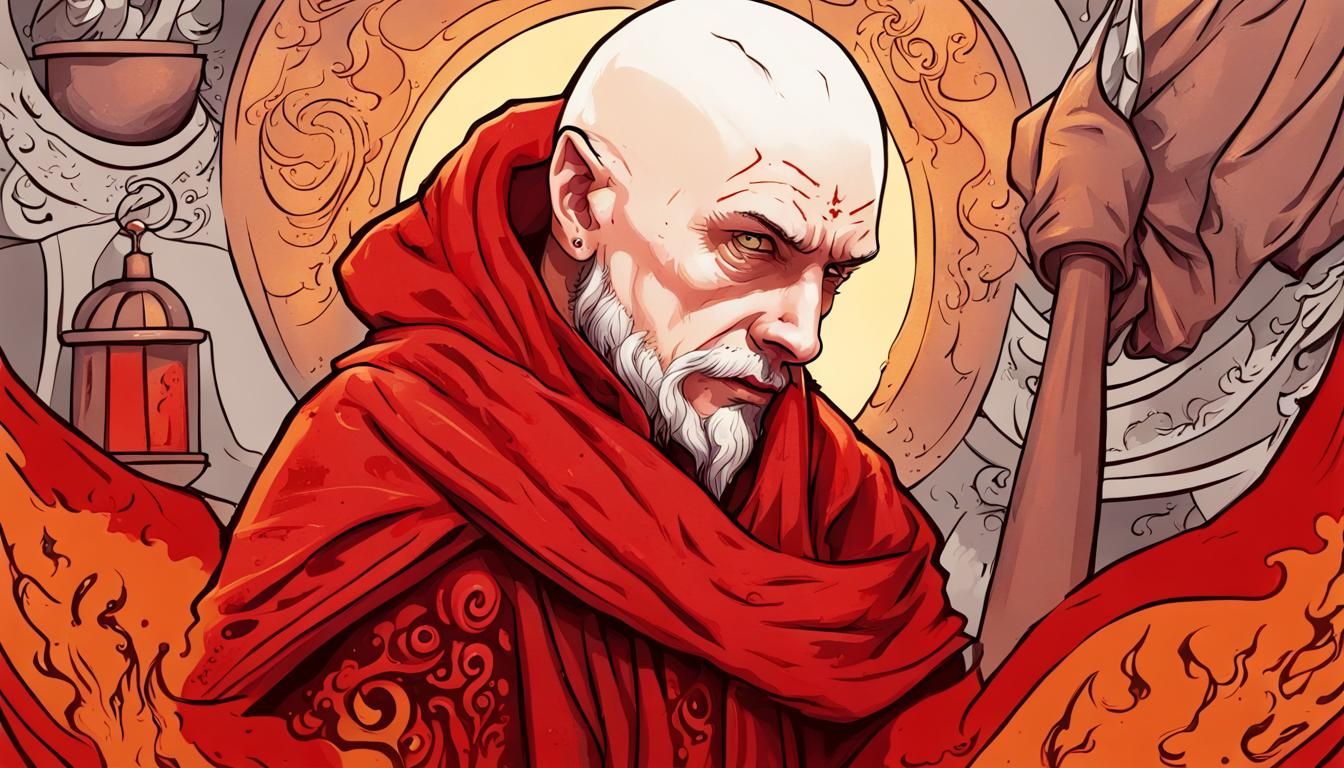 Bald Wizard with Head Tattoos in Red Robes