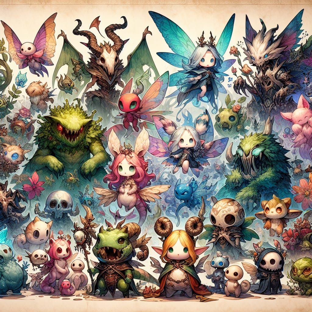 Cute and Sinister RPG Creatures in Watercolor Style