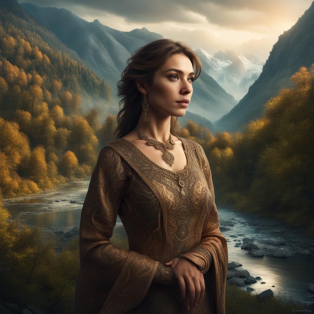 Beautiful Woman Portrait with Mountain Landscape