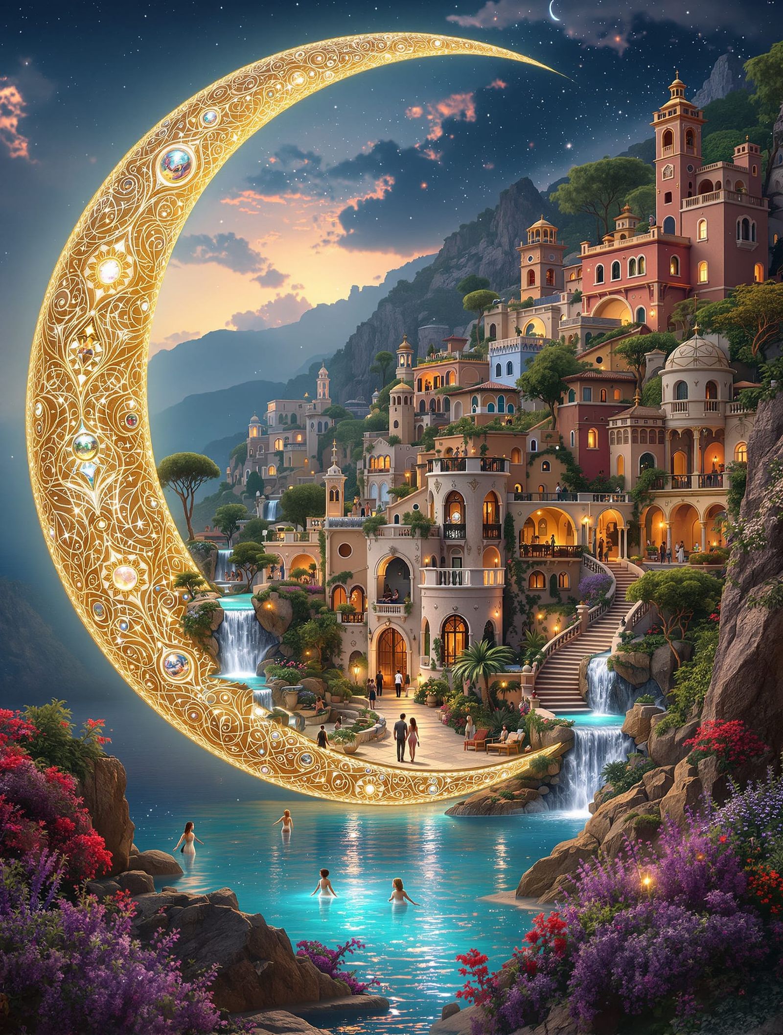 Fantasy Villa Village Inside Bioluminescent Moon