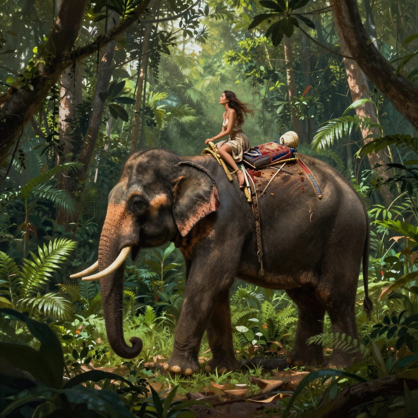 Woman Rides Elephant Through Amazon Jungle in Digital Painti...