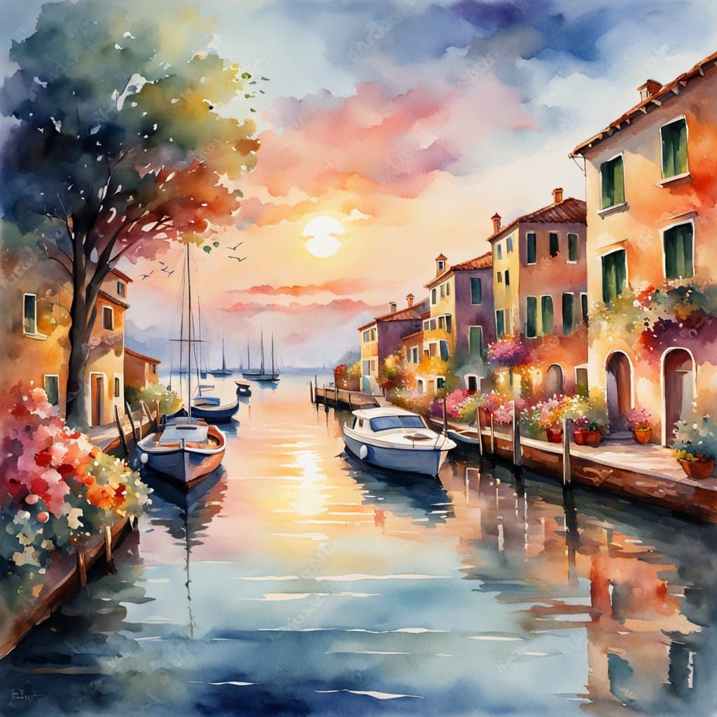 Venice Village Yacht at Sunset Watercolor Painting