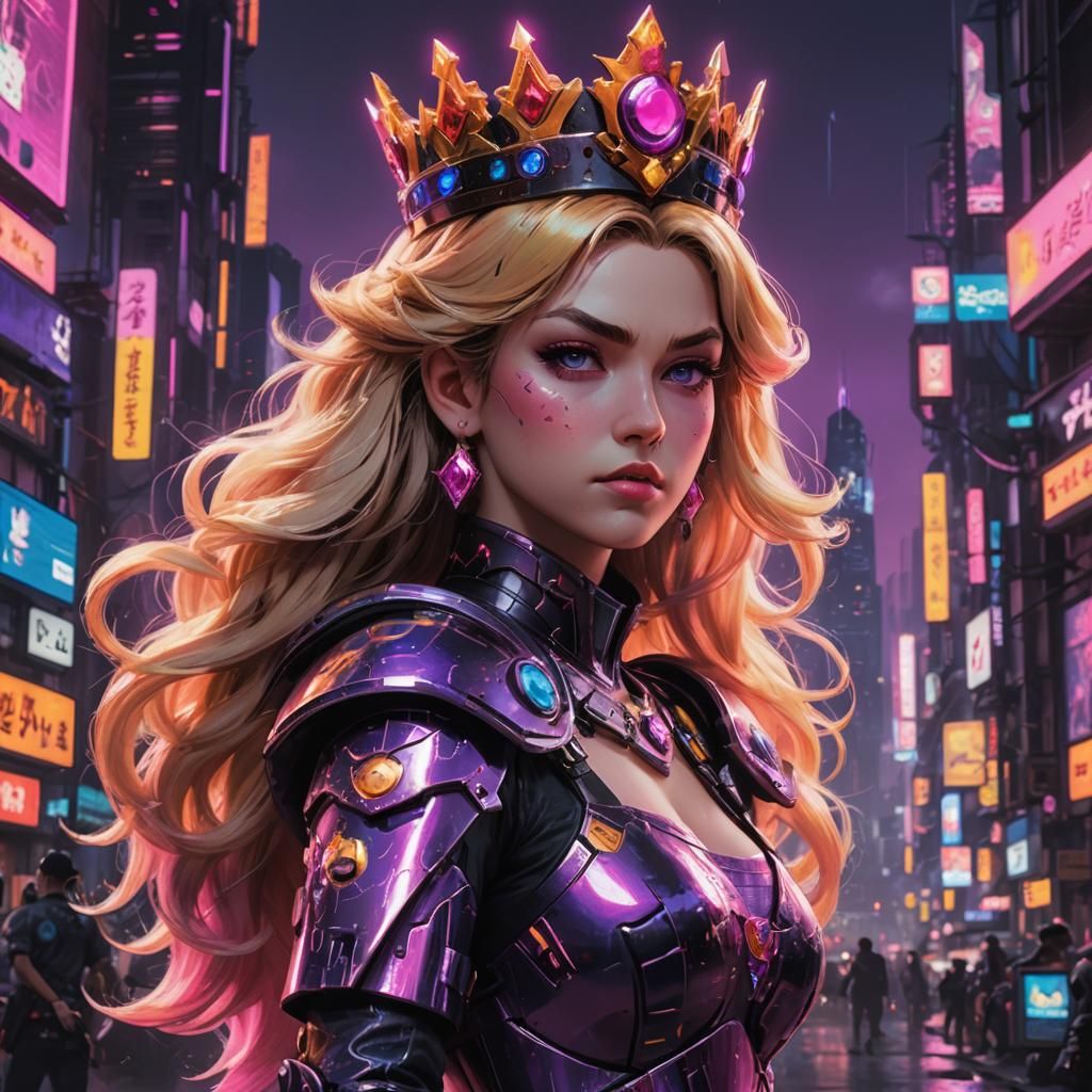 Princess Peach in Cyberpunk Cityscape Concept Art