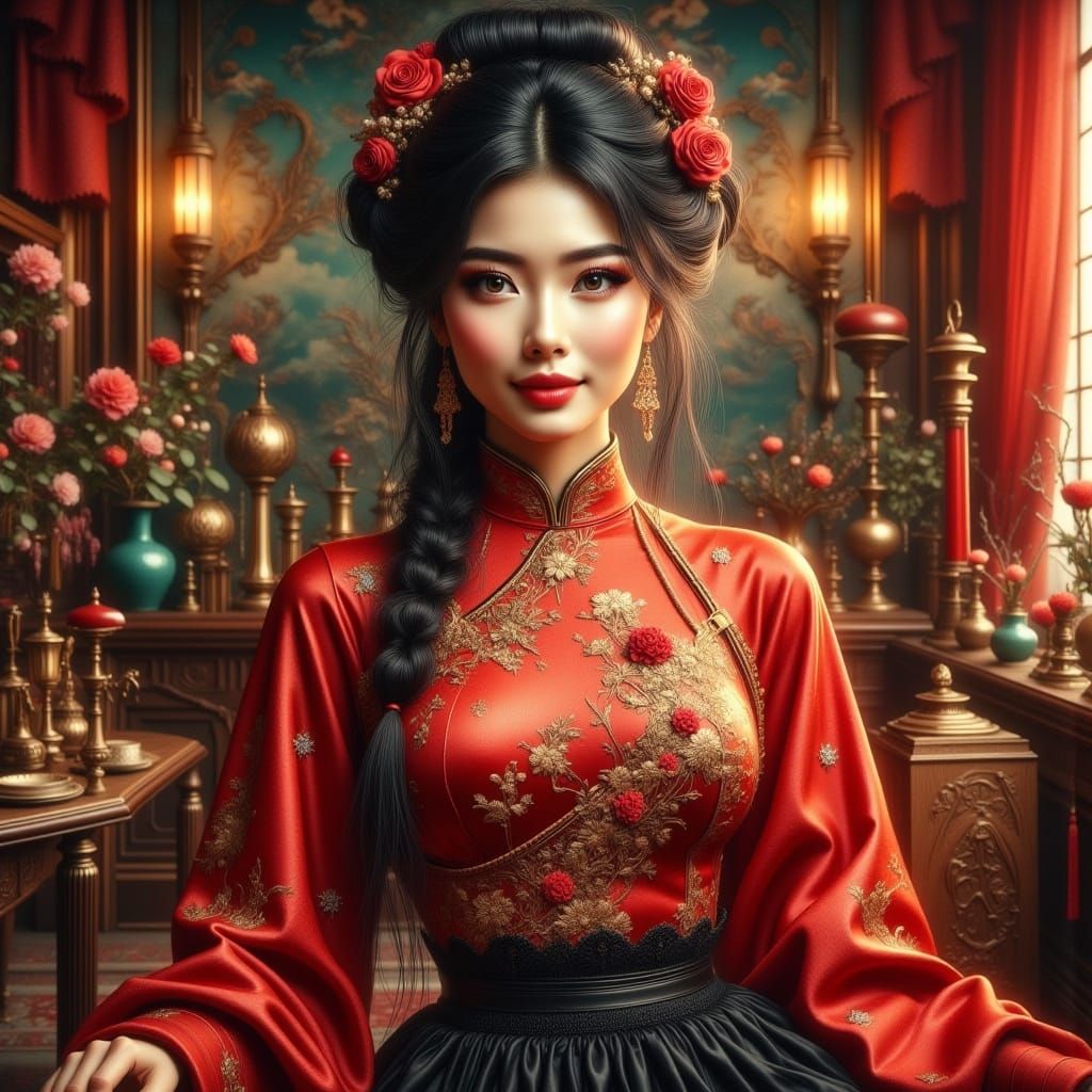 Elegant Chinese Woman in Vibrant Red Oil Painting