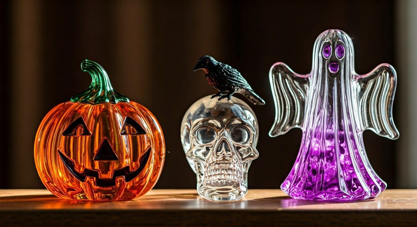 Enameled Glass Halloween Figurines with Purple Vapor