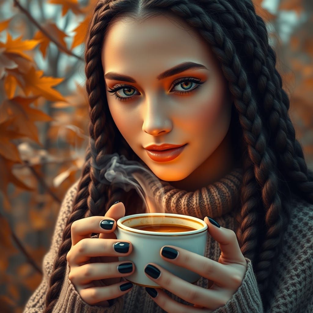 Autumn Portrait with Coffee in Rutkowski Art Style