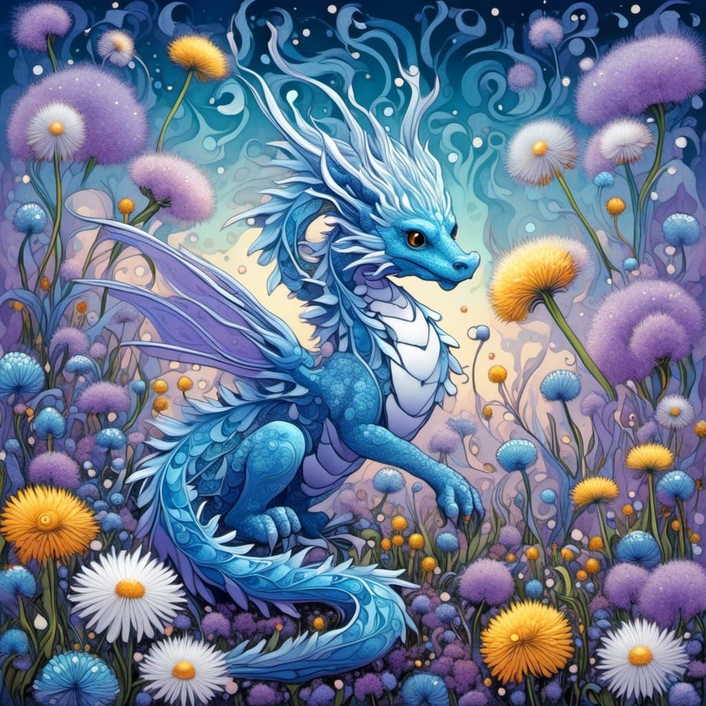 Art Nouveau Dragon with Dandelions in Thermal Imaging