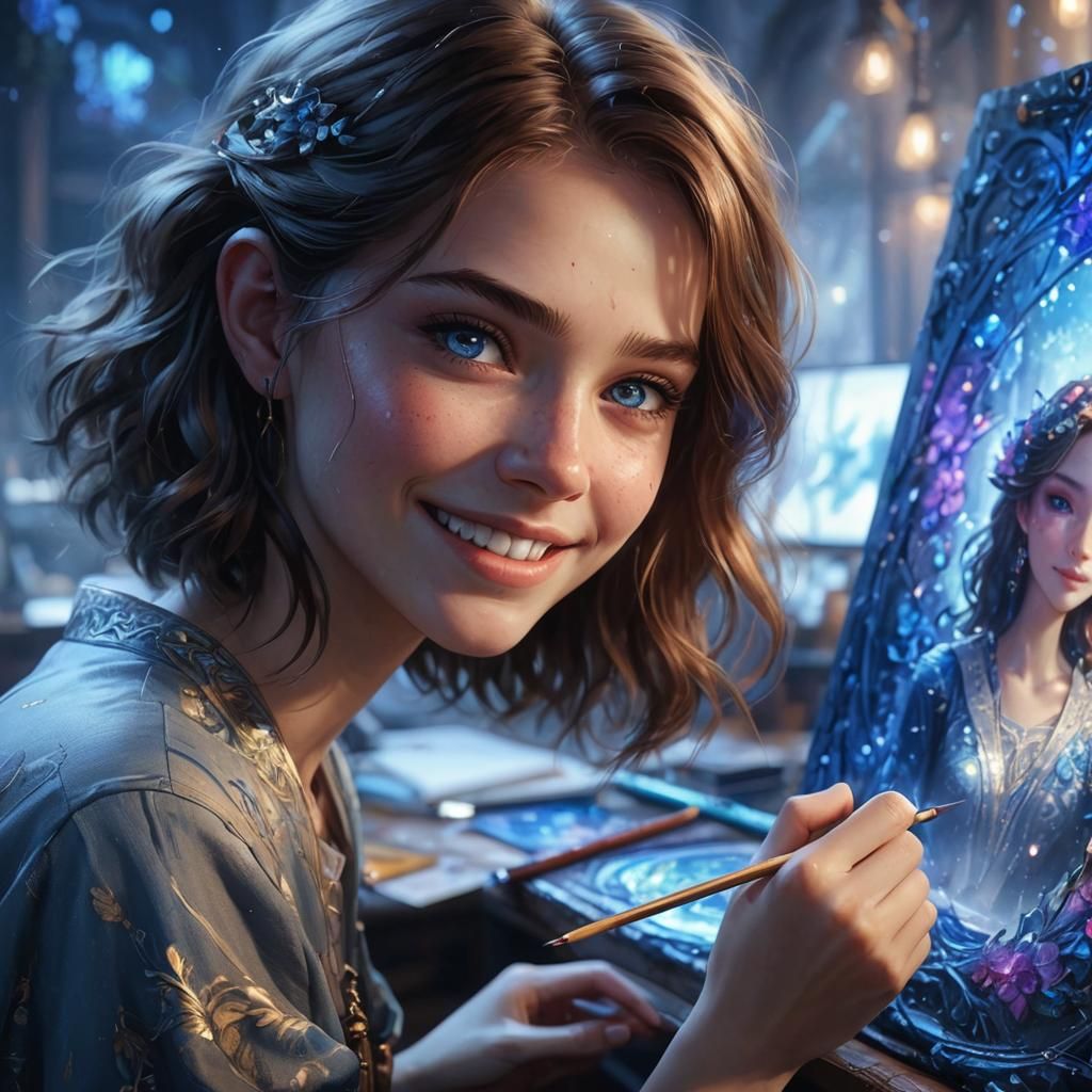 Portrait of Smiling Girl Drawing: Fantasy Concept Art