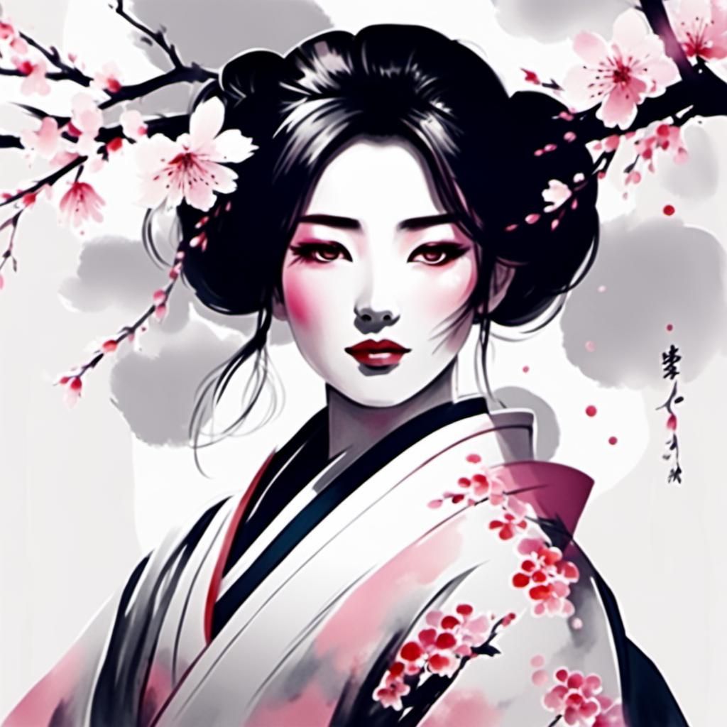 Minimalist Ink Painting of Girl in Kimono