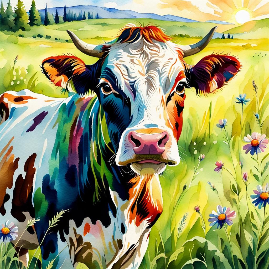 Colorful Cow Portrait in Watercolor Painting Style
