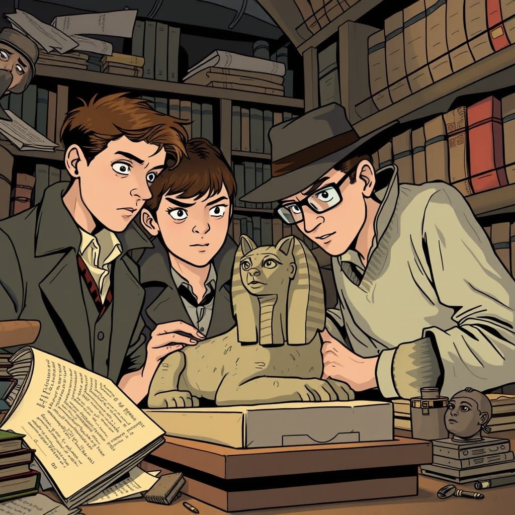 Young Detectives Examine Ancient Sphinx in Comic Style