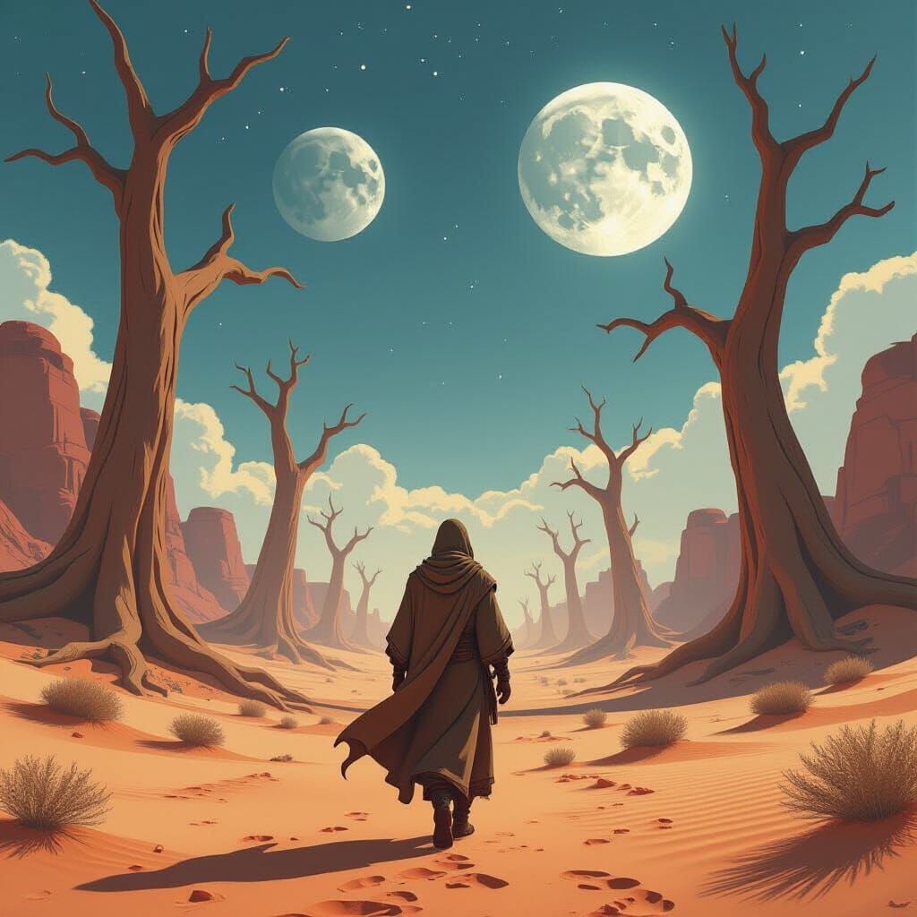 Alien Desert Walker with Twin Moons, Digital Art