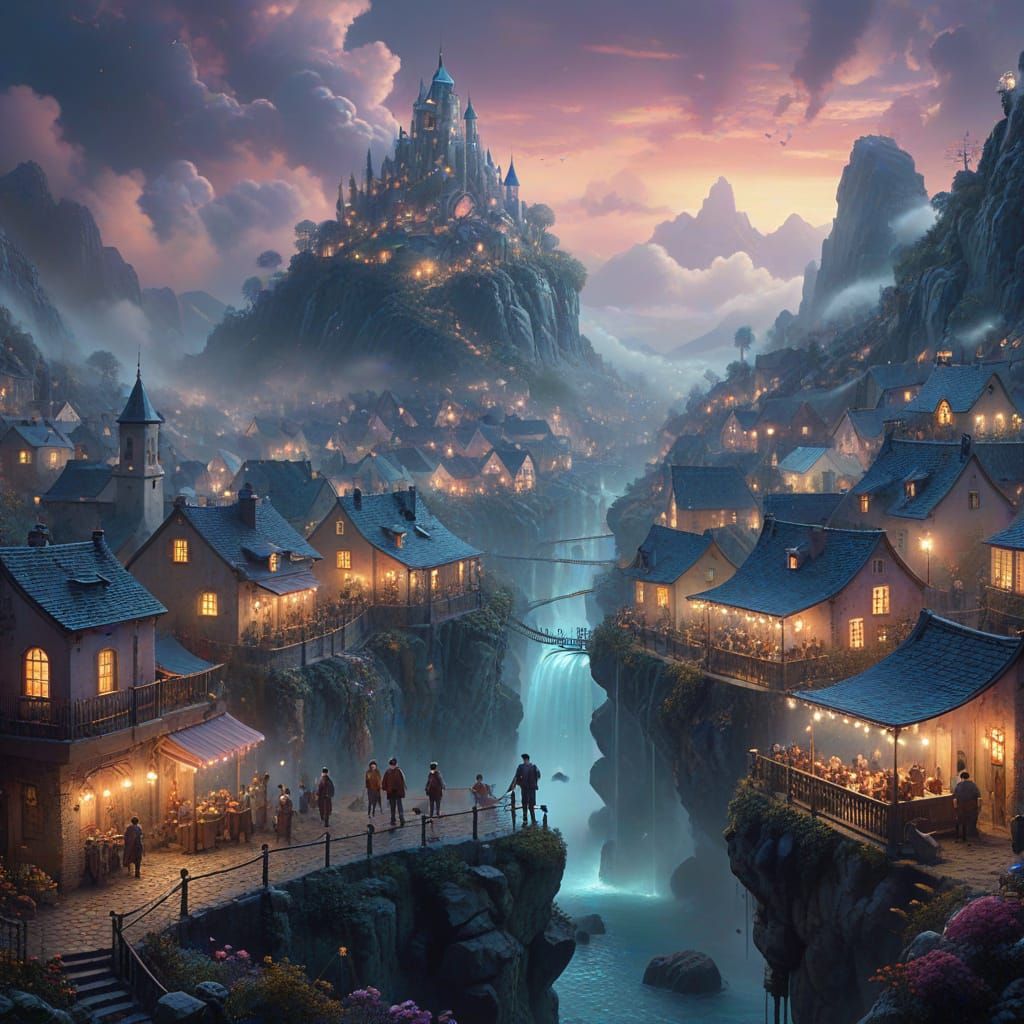 Gulliver Amongst Lilliputians in Ethereal Fantasy City