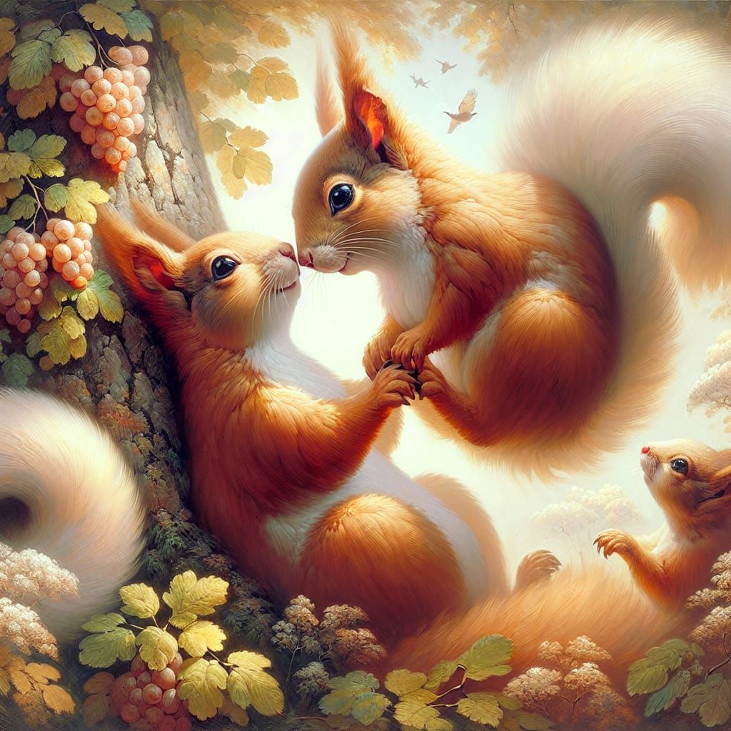 Enchanting Oil Painting: Squirrels in Tender Affection