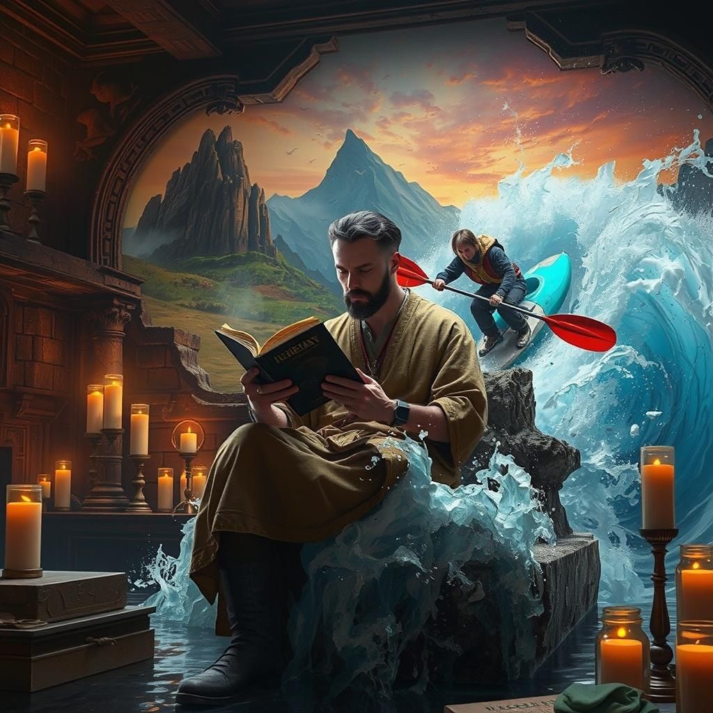 Epic 3D Mural Depicts Man Reading Amidst Turbulent Waters