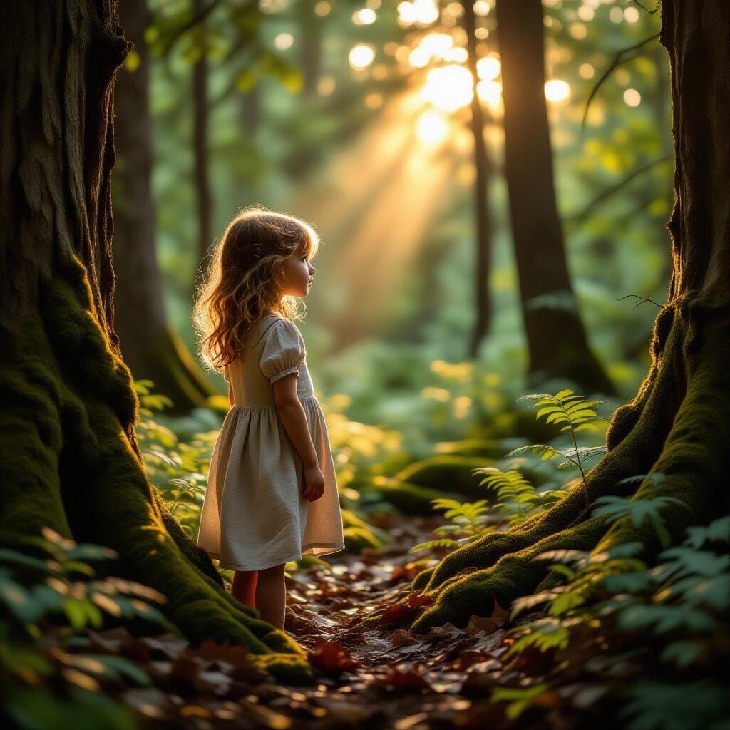 Girl Gazes into Ancient Forest at Golden Hour