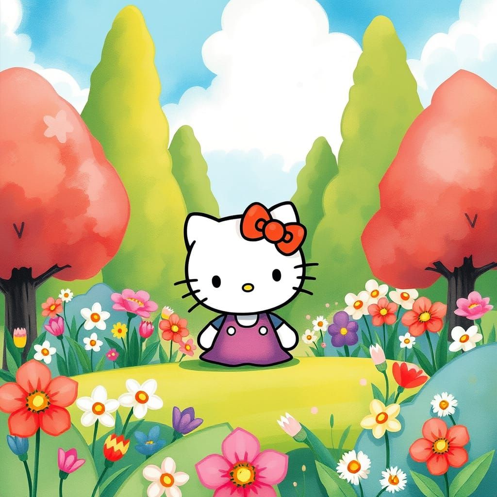 Whimsical Hello Kitty in Pastel Garden Wonderland