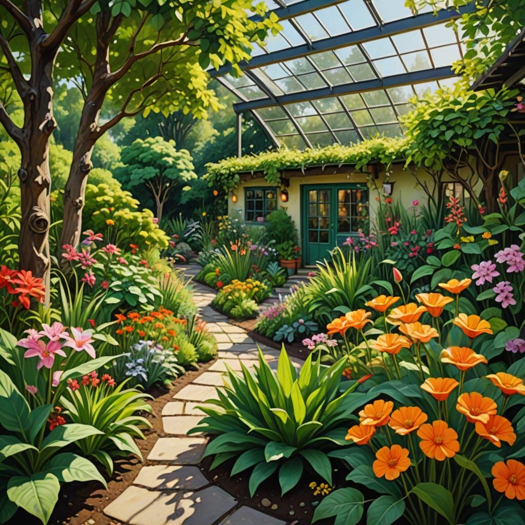 Sustainable Garden in Vibrant Oil Painting Style