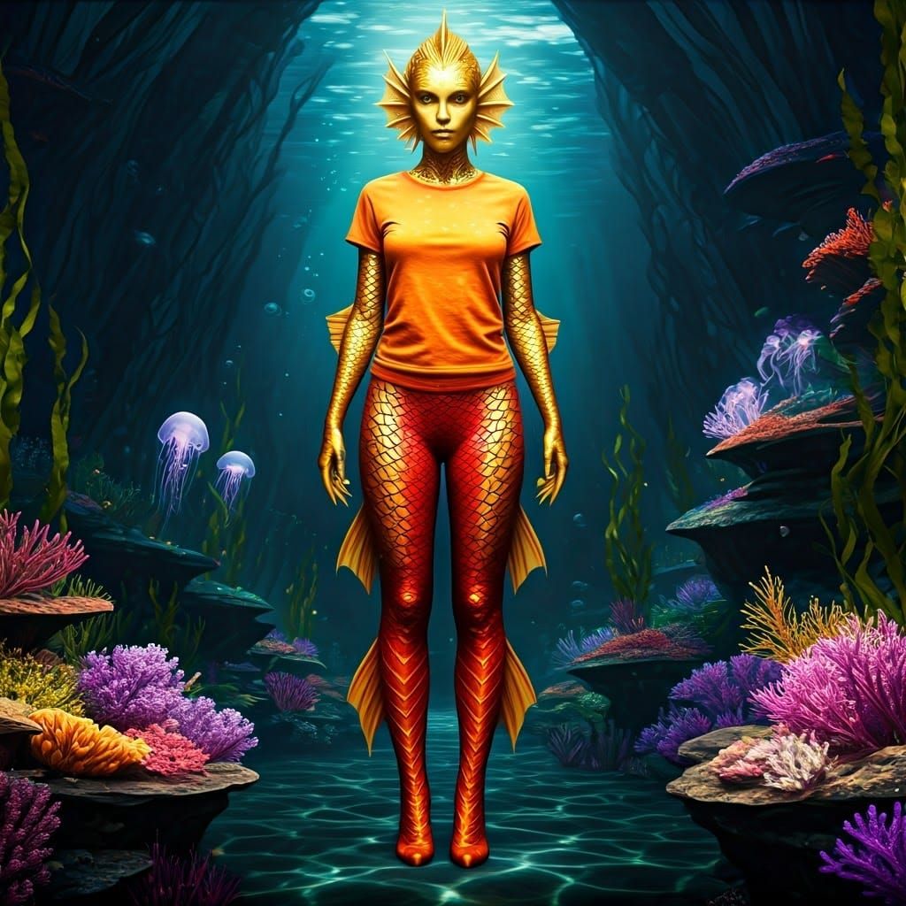 Golden Fish Woman in Mystical Underwater Realm