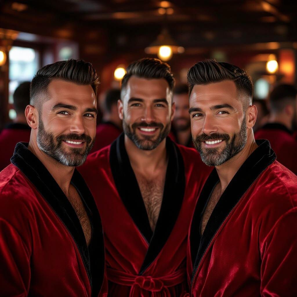 Elegant Men in Velvet Bathrobes in a Pub